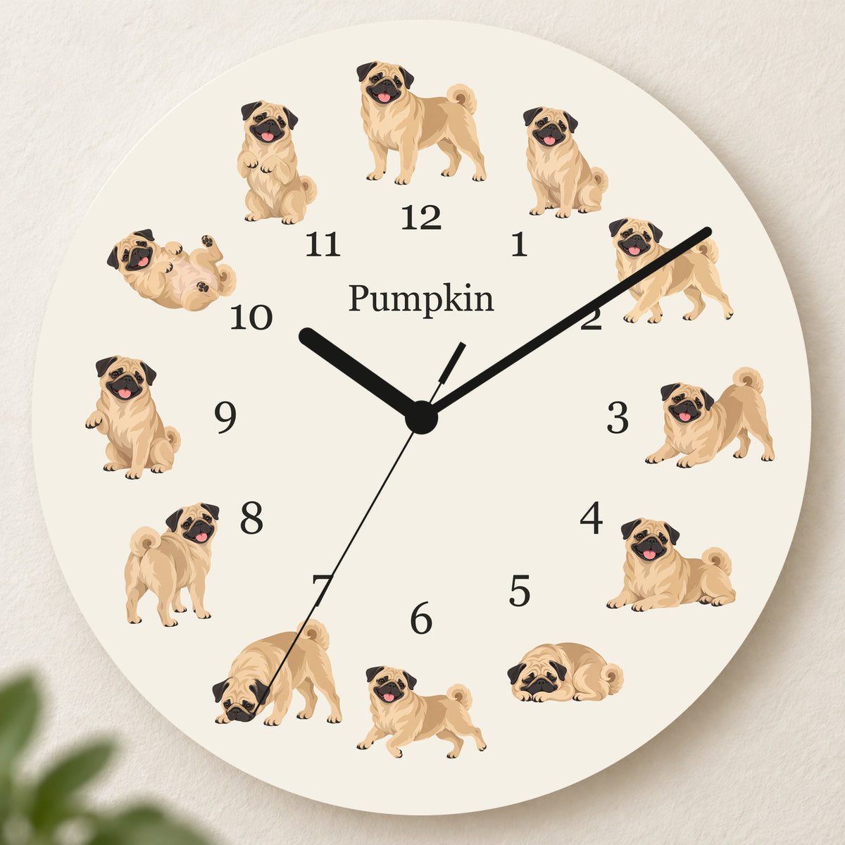 Personalized Pug Wall Clock, Custom Pet Name, 11.6 Inch Wooden Clock — Warm Ivory background