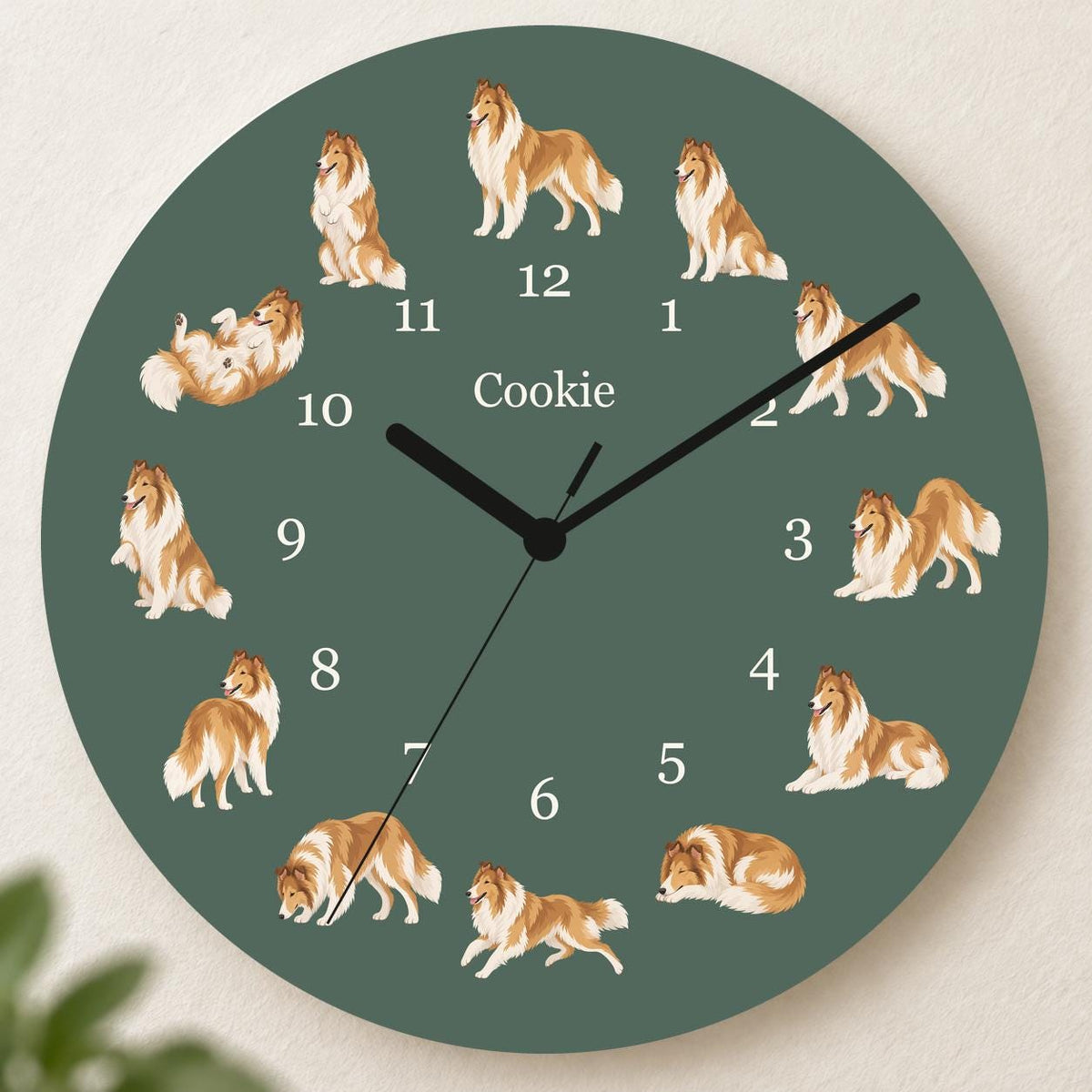 Personalized Collie wooden wall clock with example name Cookie; hero