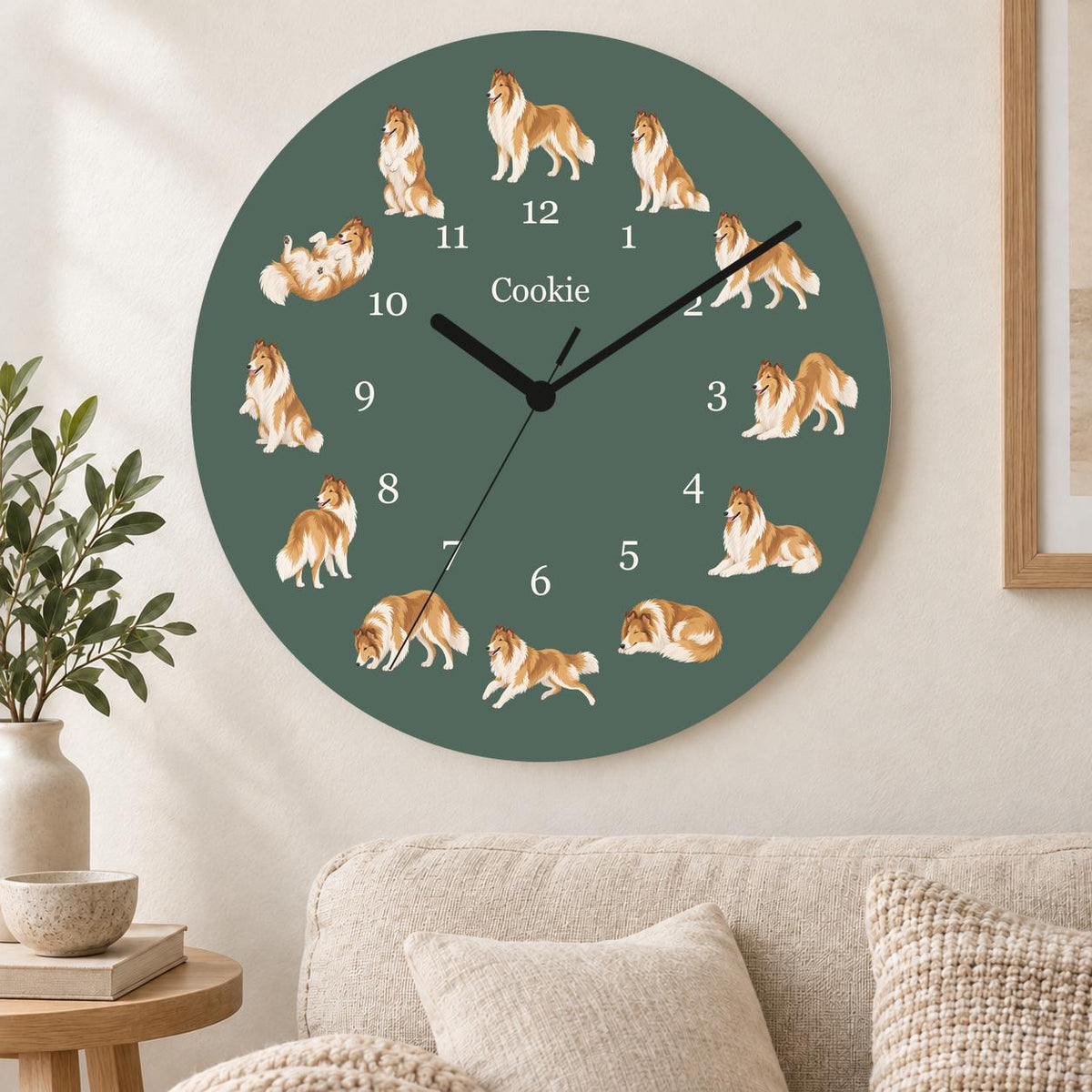Personalized Collie wooden wall clock with example name Cookie; living room