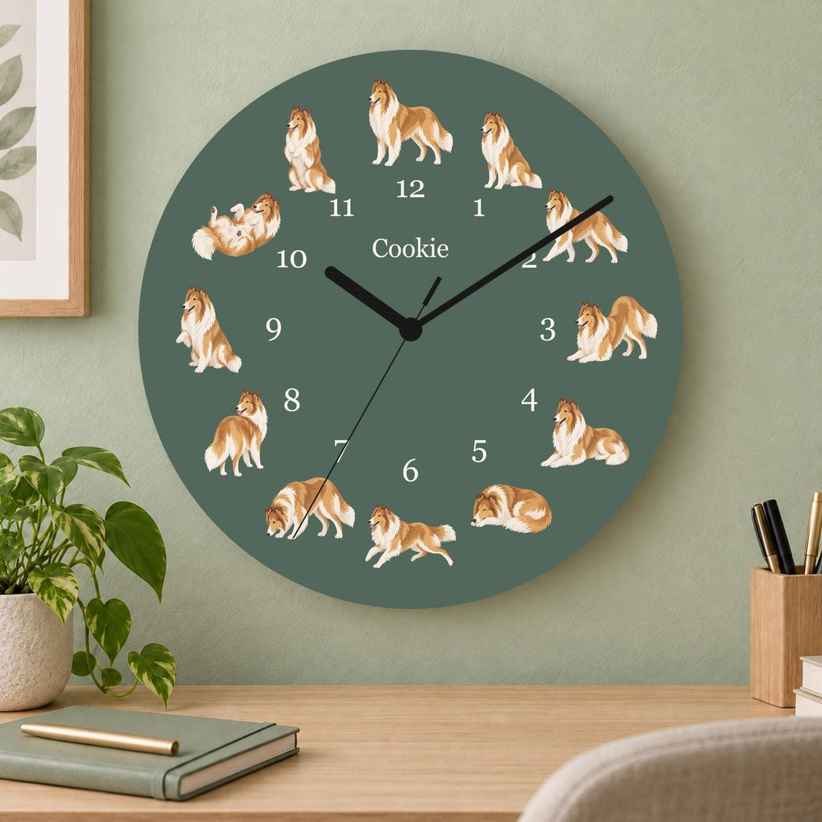 Personalized Collie wooden wall clock with example name Cookie; home office