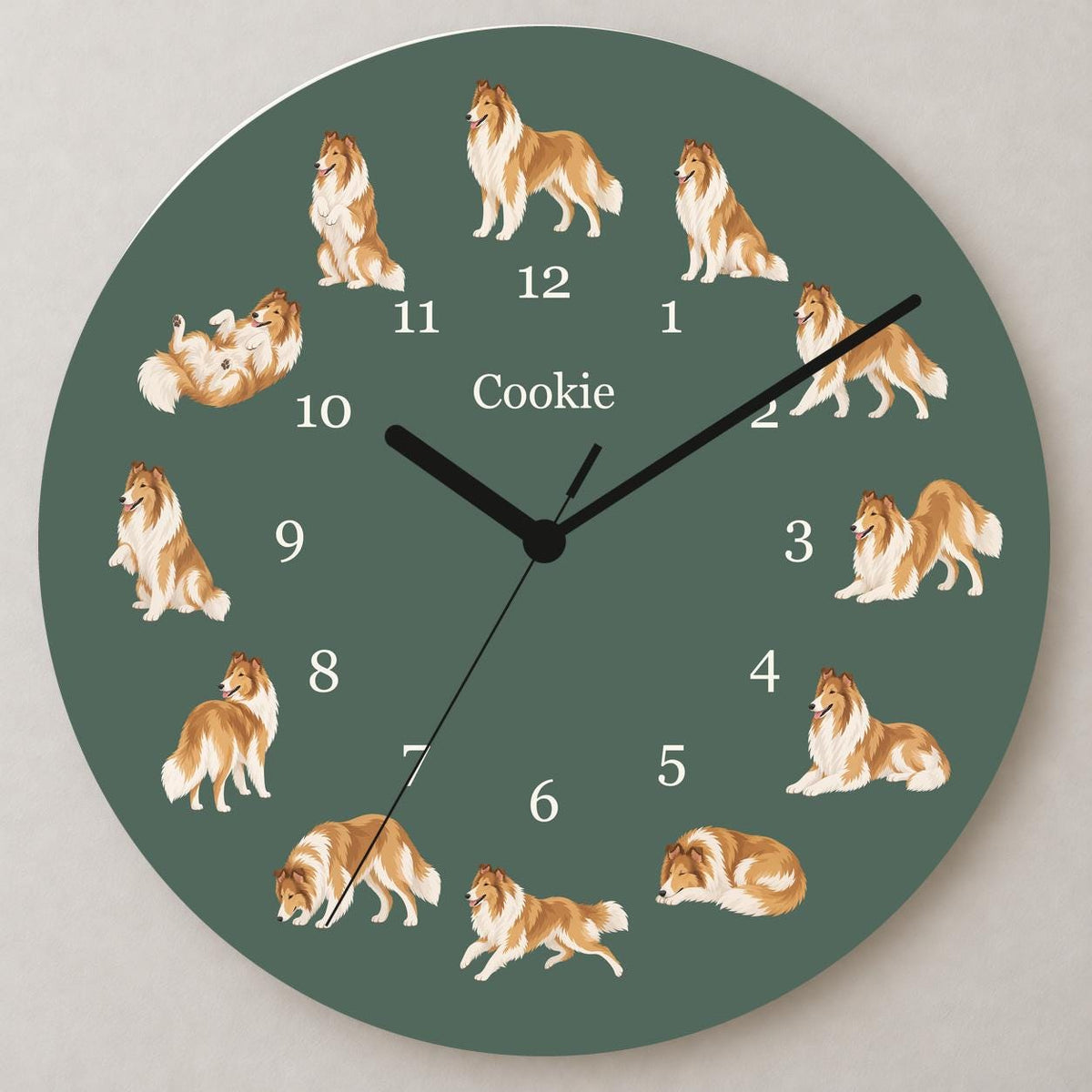 Personalized Collie wooden wall clock with example name Cookie; close up