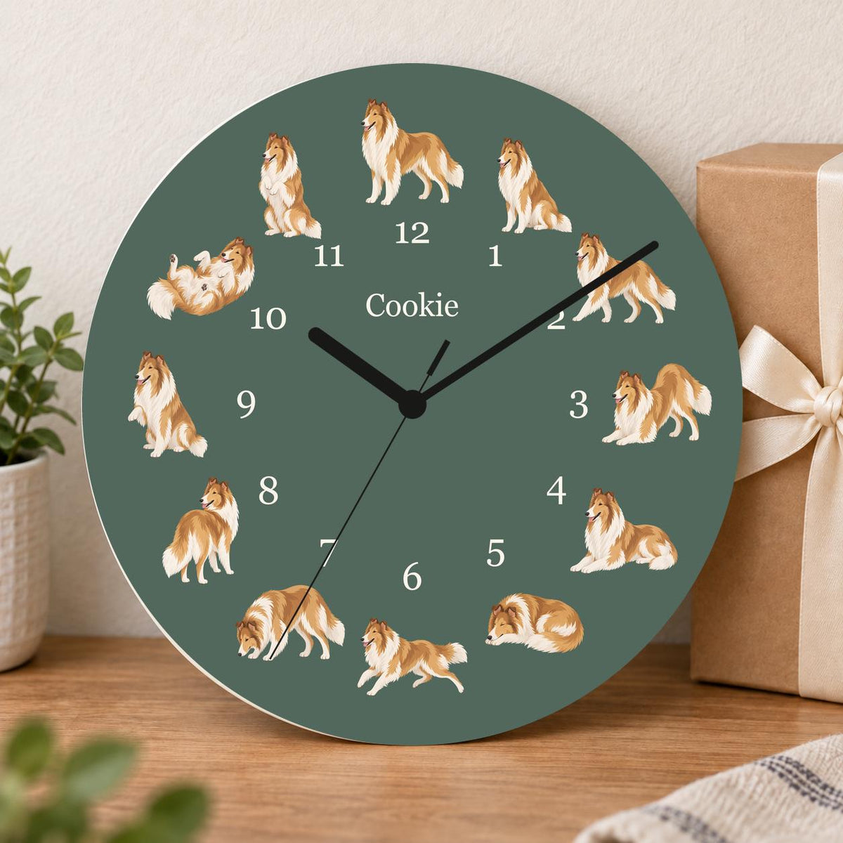 Personalized Collie wooden wall clock with example name Cookie; gift