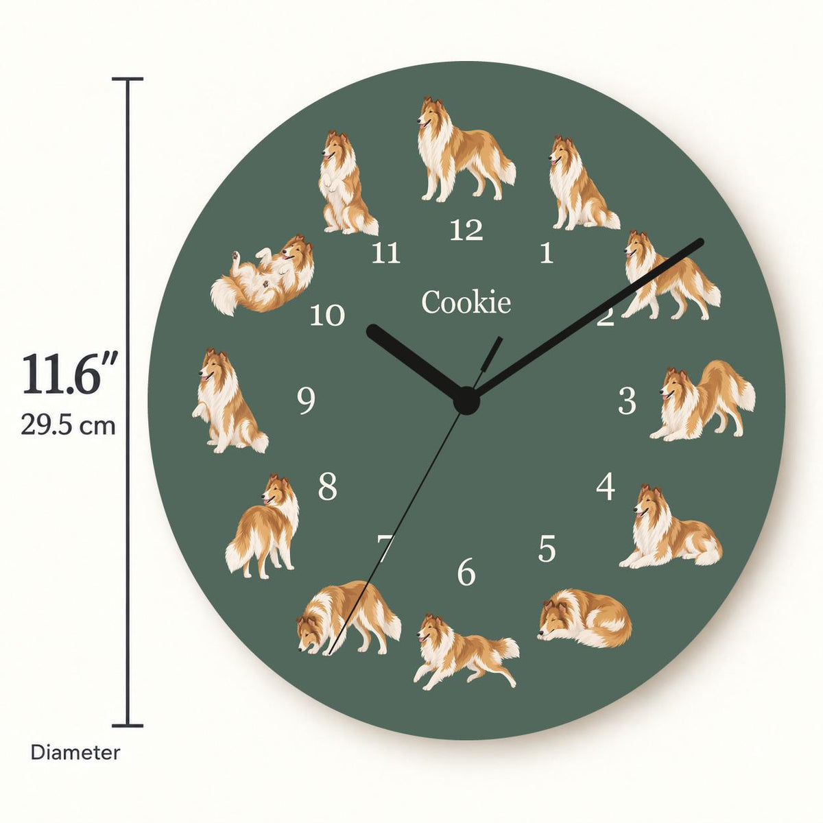 Personalized Collie wooden wall clock with example name Cookie; size