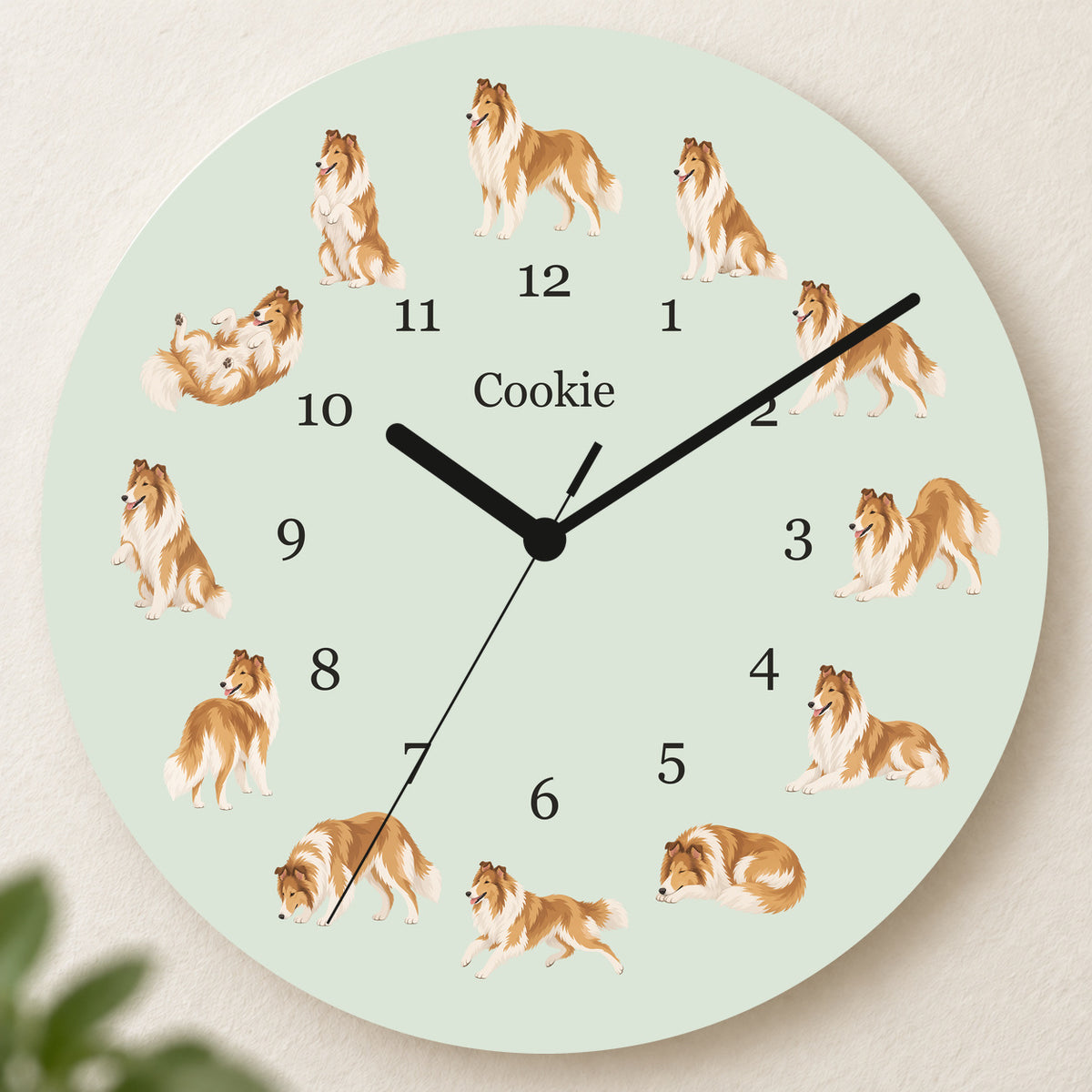 Personalized Collie Wall Clock, Custom Pet Name, 11.6 Inch Wooden Clock — Pale Sage background