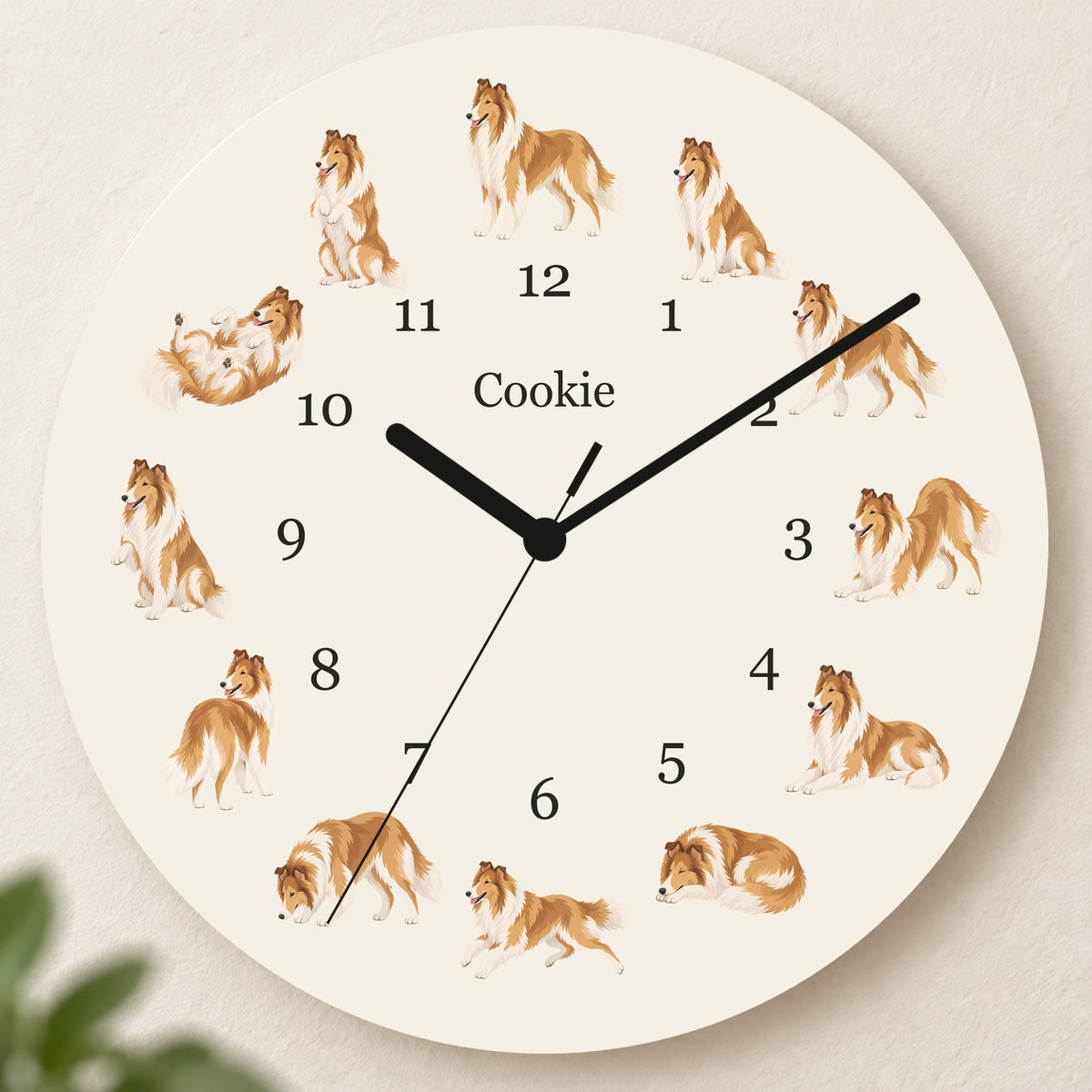 Personalized Collie Wall Clock, Custom Pet Name, 11.6 Inch Wooden Clock — Warm Ivory background