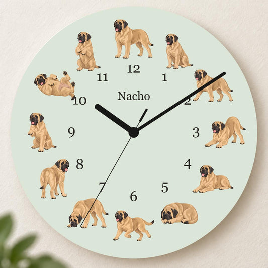 Personalized Mastiff wooden wall clock with example name Nacho; hero