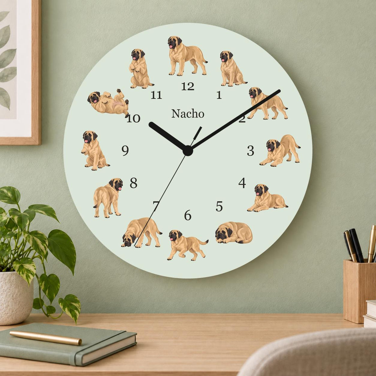 Personalized Mastiff wooden wall clock with example name Nacho; home office