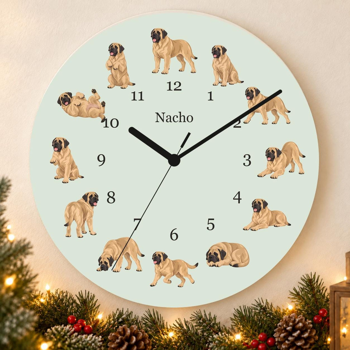 Personalized Mastiff wooden wall clock with example name Nacho; holiday