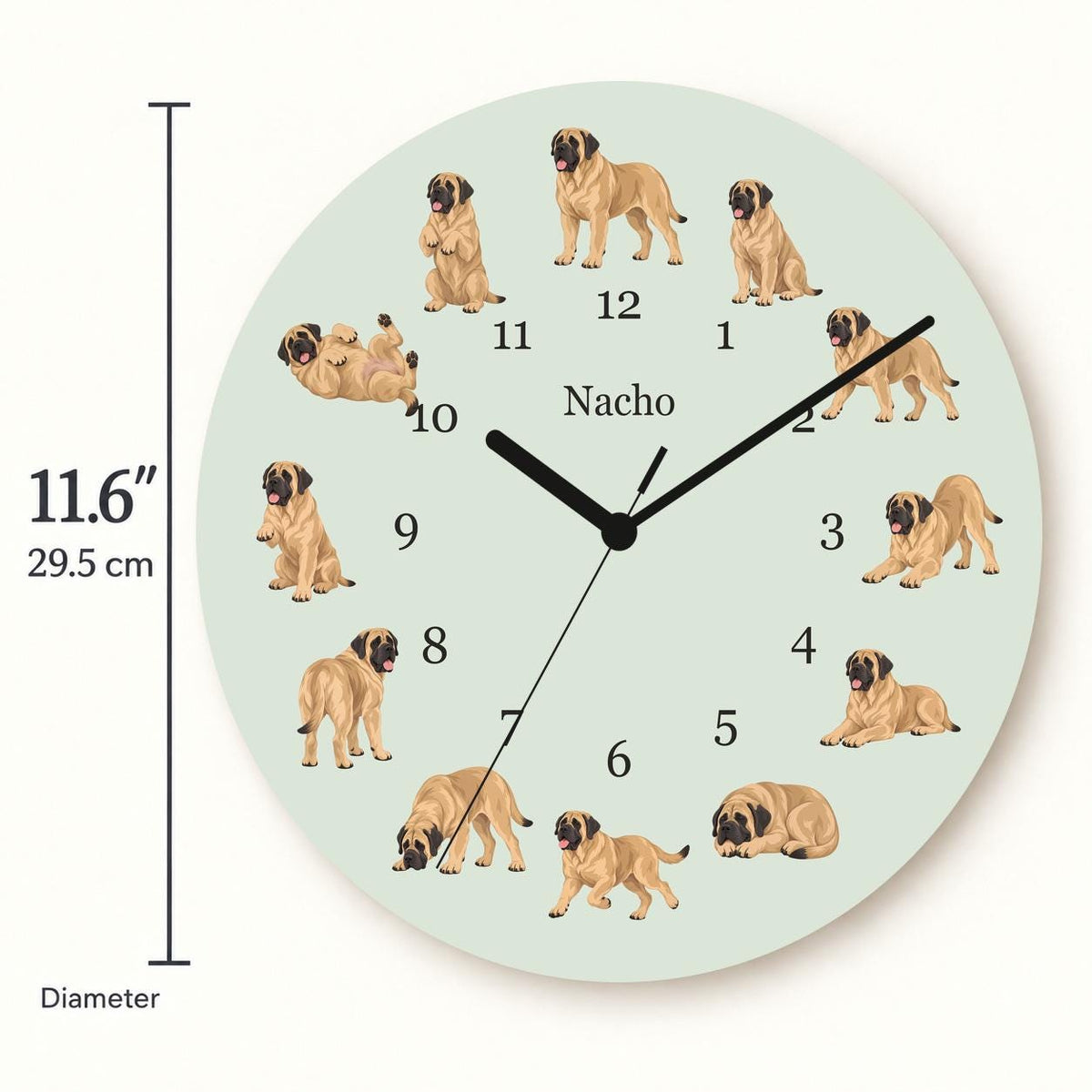 Personalized Mastiff wooden wall clock with example name Nacho; size