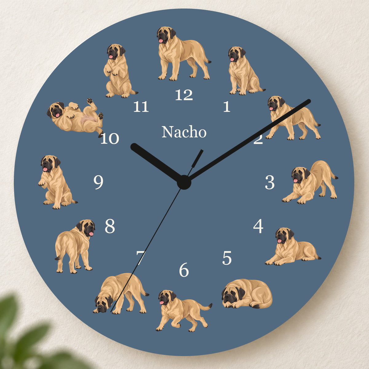 Personalized Mastiff Wall Clock, Custom Pet Name, 11.6 Inch Wooden Clock — Muted Denim background