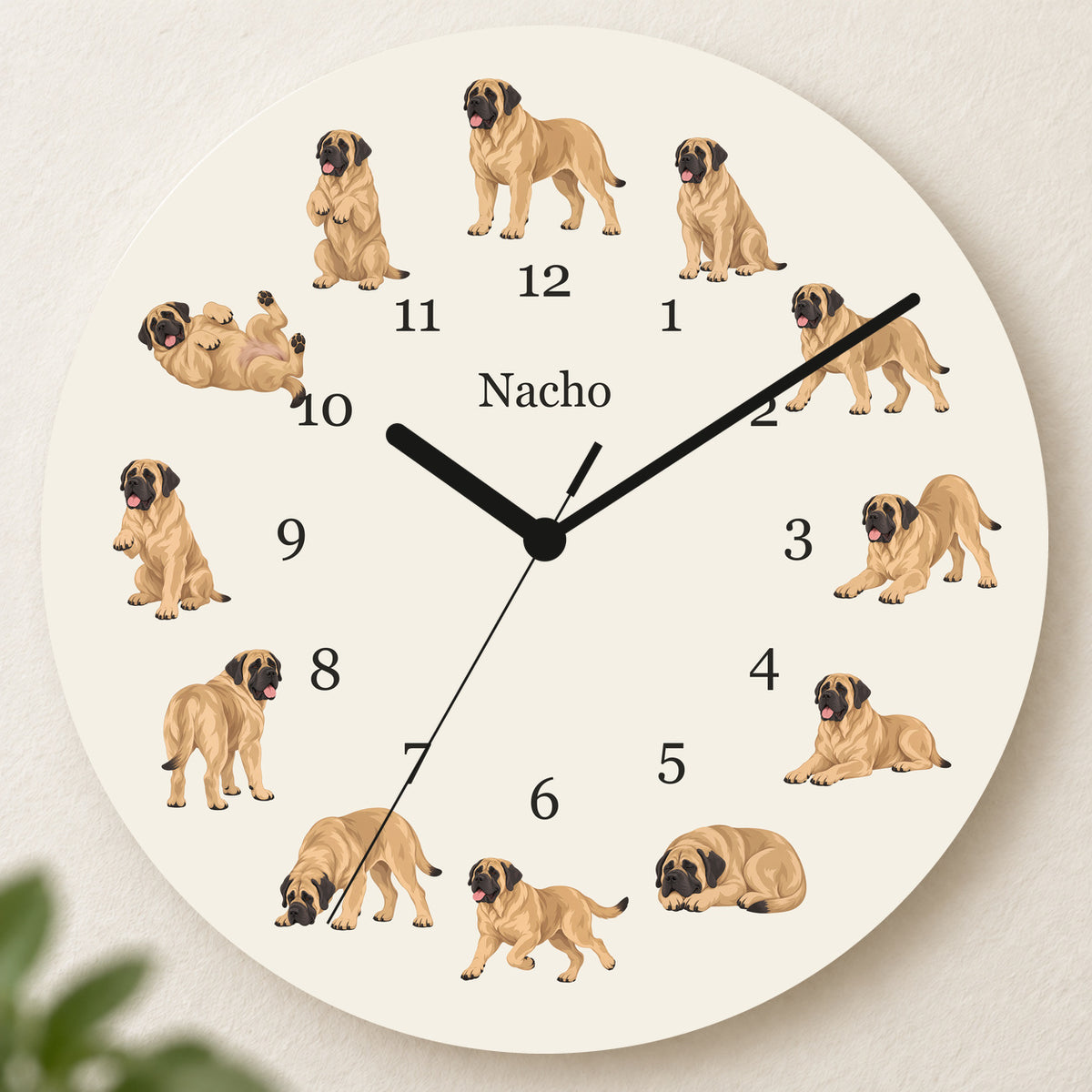Personalized Mastiff Wall Clock, Custom Pet Name, 11.6 Inch Wooden Clock — Warm Ivory background