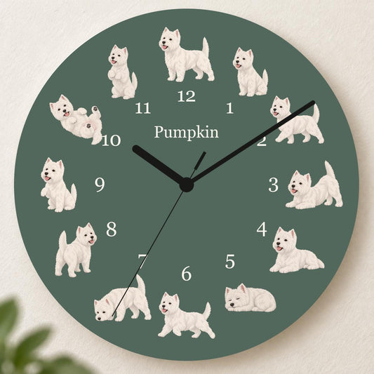 Personalized West Highland White Terrier wooden wall clock with example name Pumpkin; hero