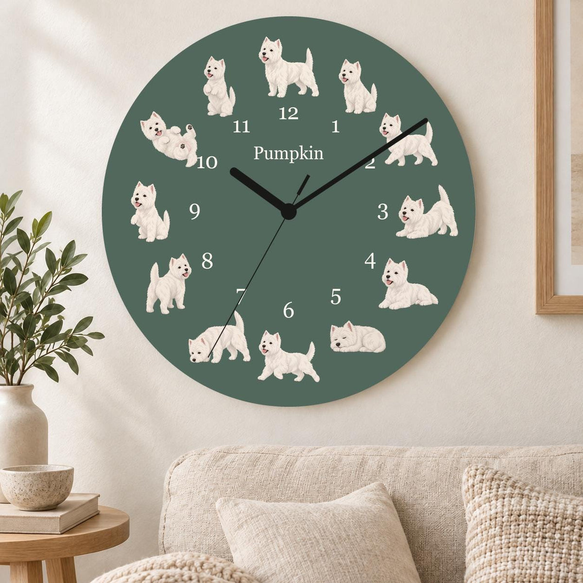 Personalized West Highland White Terrier wooden wall clock with example name Pumpkin; living room