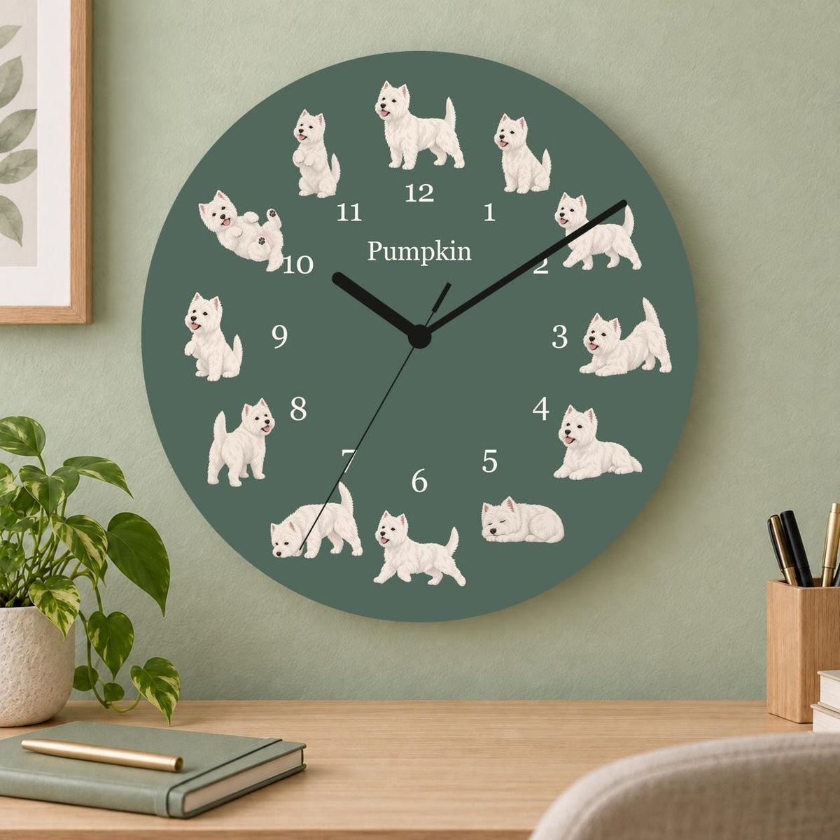 Personalized West Highland White Terrier wooden wall clock with example name Pumpkin; home office