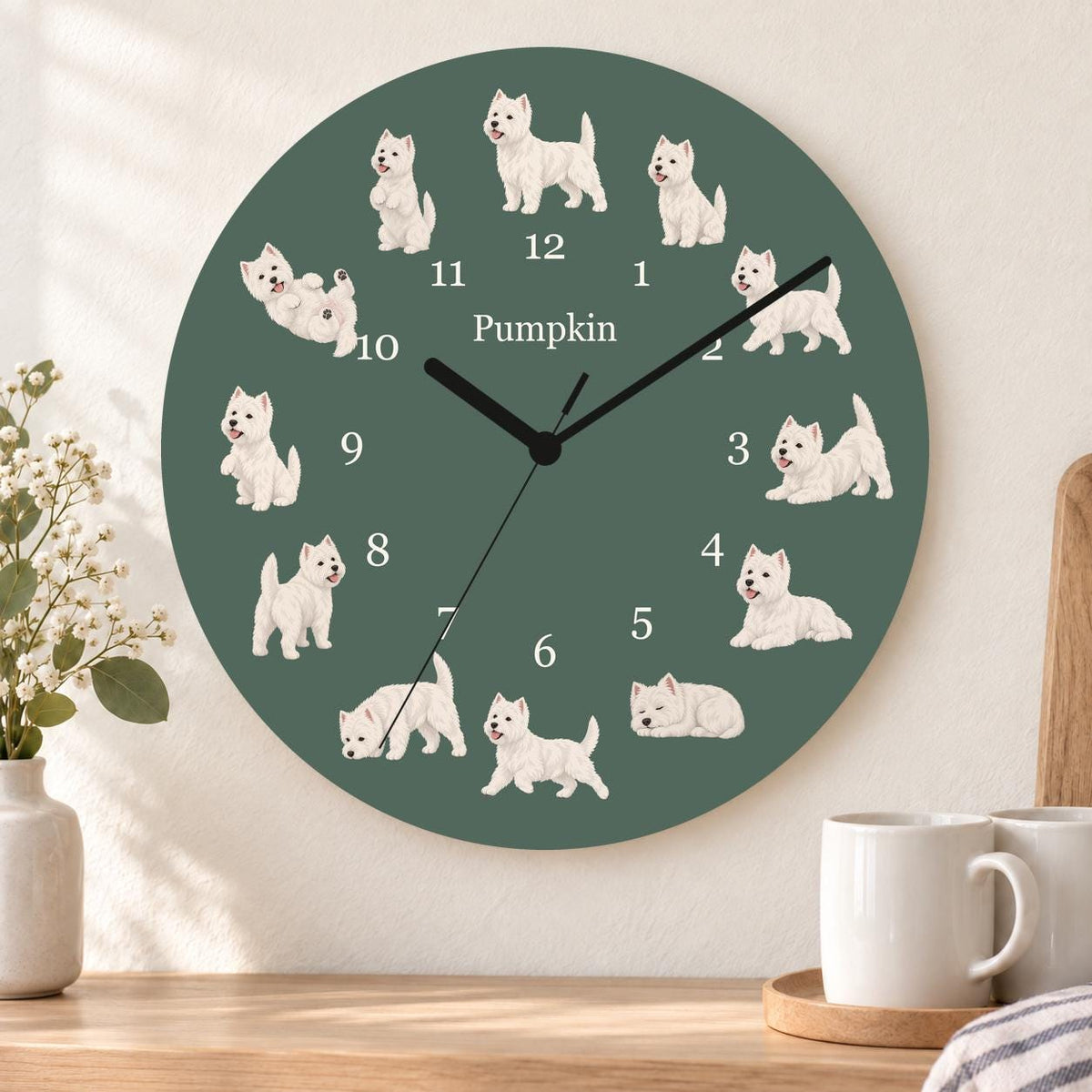 Personalized West Highland White Terrier wooden wall clock with example name Pumpkin; kitchen