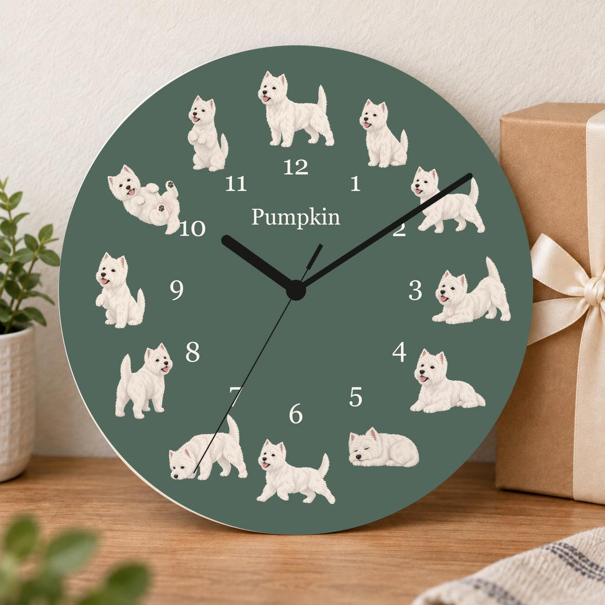 Personalized West Highland White Terrier wooden wall clock with example name Pumpkin; gift