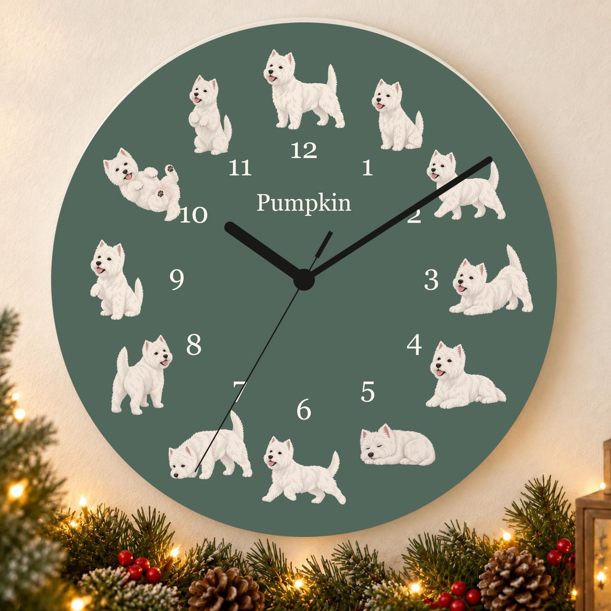 Personalized West Highland White Terrier wooden wall clock with example name Pumpkin; holiday