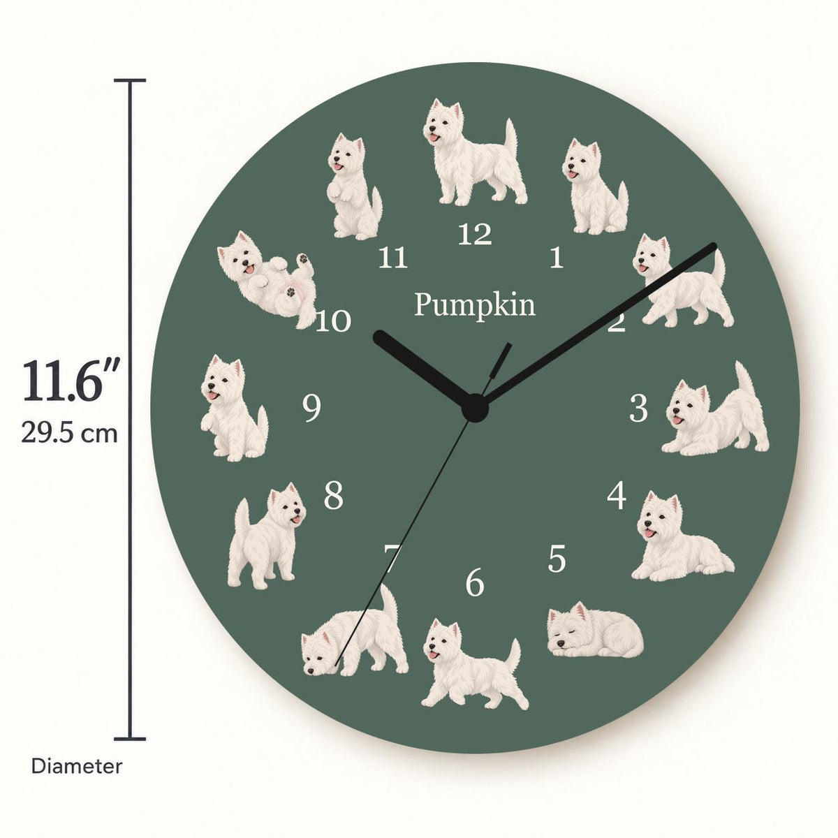 Personalized West Highland White Terrier wooden wall clock with example name Pumpkin; size