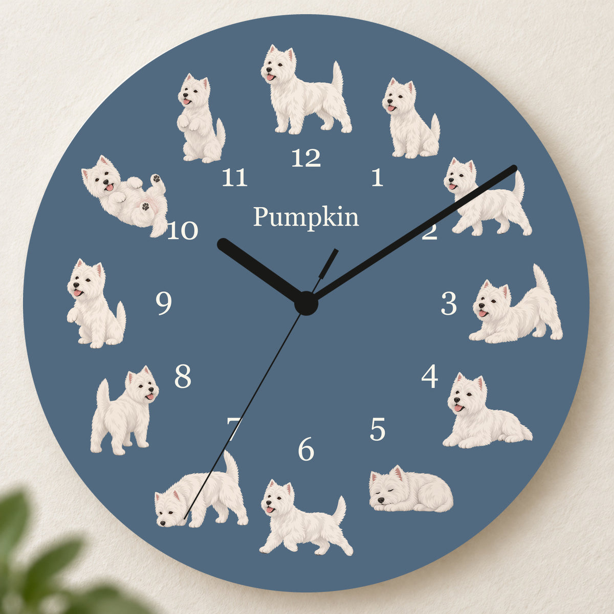 Personalized West Highland White Terrier Wall Clock, Custom Pet Name, 11.6 Inch Wooden Clock — Muted Denim background