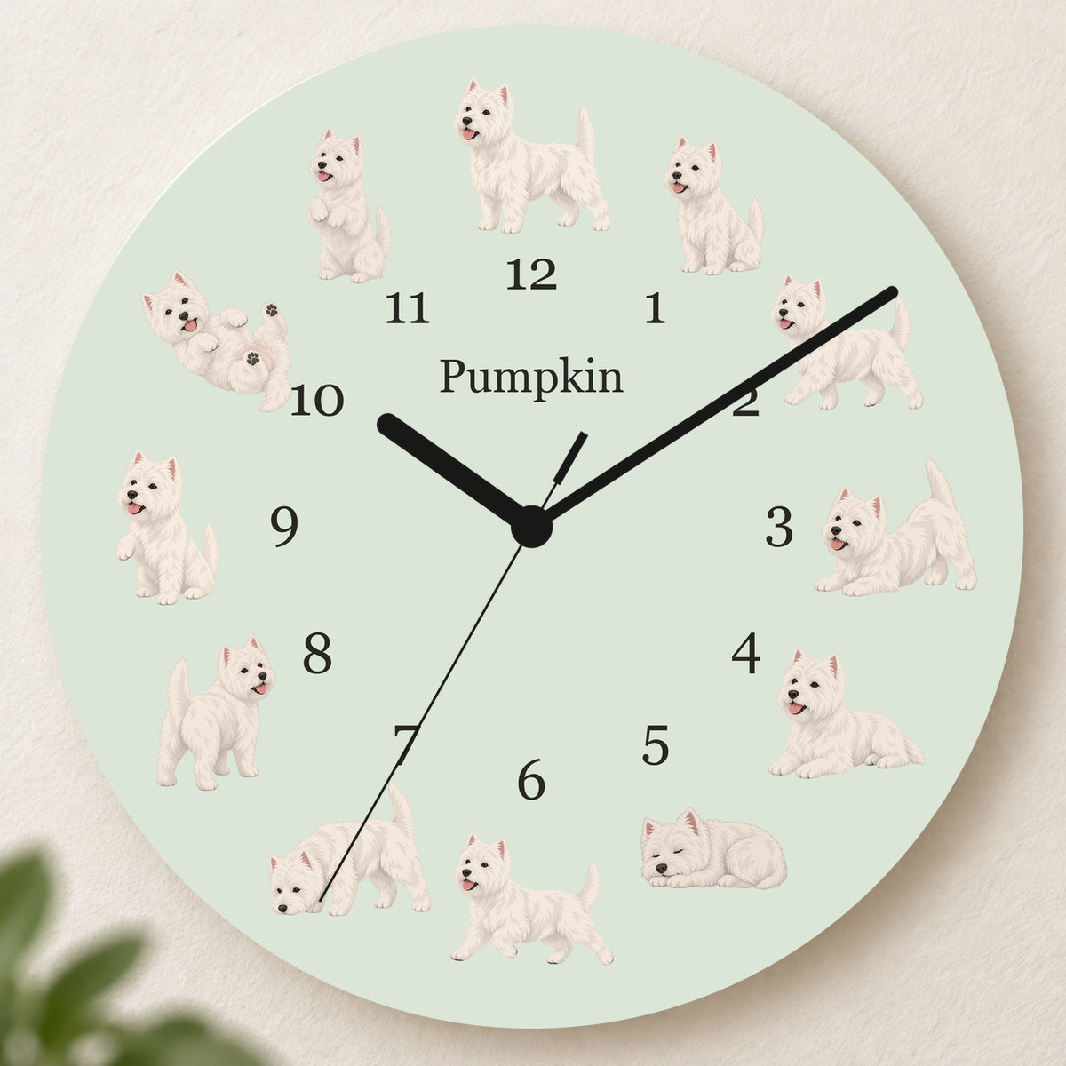 Personalized West Highland White Terrier Wall Clock, Custom Pet Name, 11.6 Inch Wooden Clock — Pale Sage background