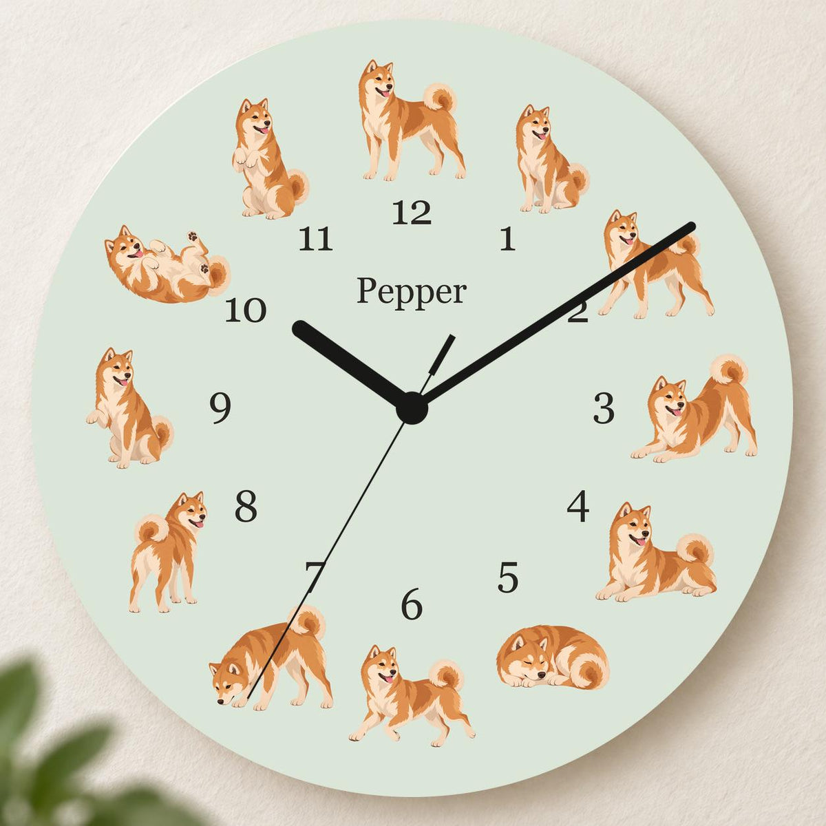 Personalized Shiba Inu wooden wall clock with example name Pepper; hero
