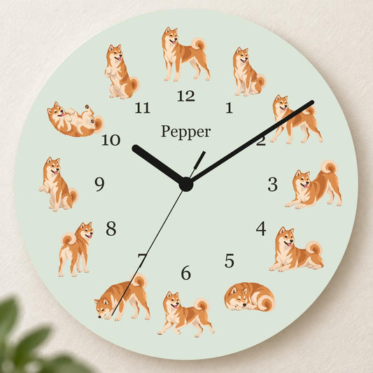 Personalized Shiba Inu wooden wall clock with example name Pepper; hero