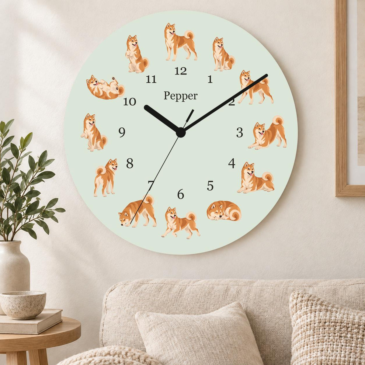 Personalized Shiba Inu wooden wall clock with example name Pepper; living room