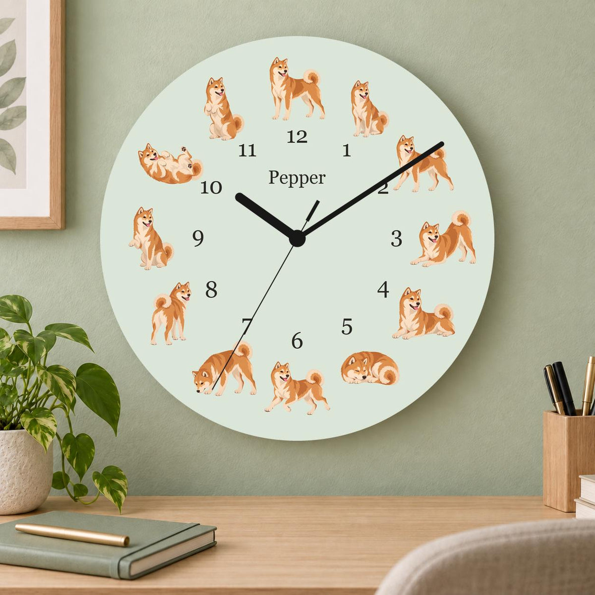 Personalized Shiba Inu wooden wall clock with example name Pepper; home office