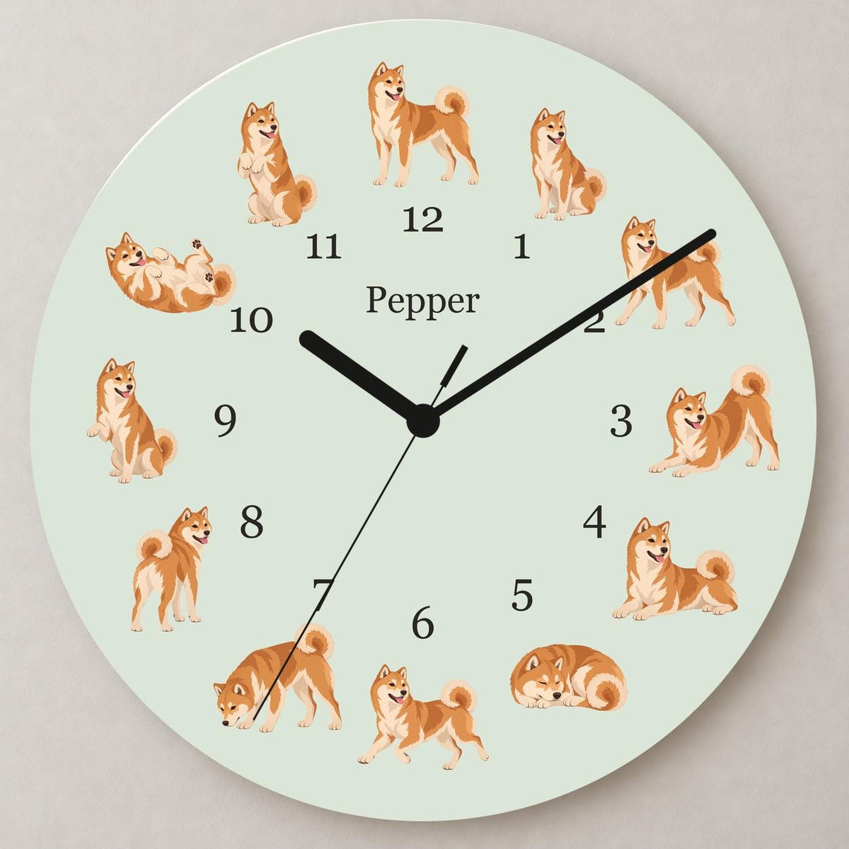 Personalized Shiba Inu wooden wall clock with example name Pepper; close up