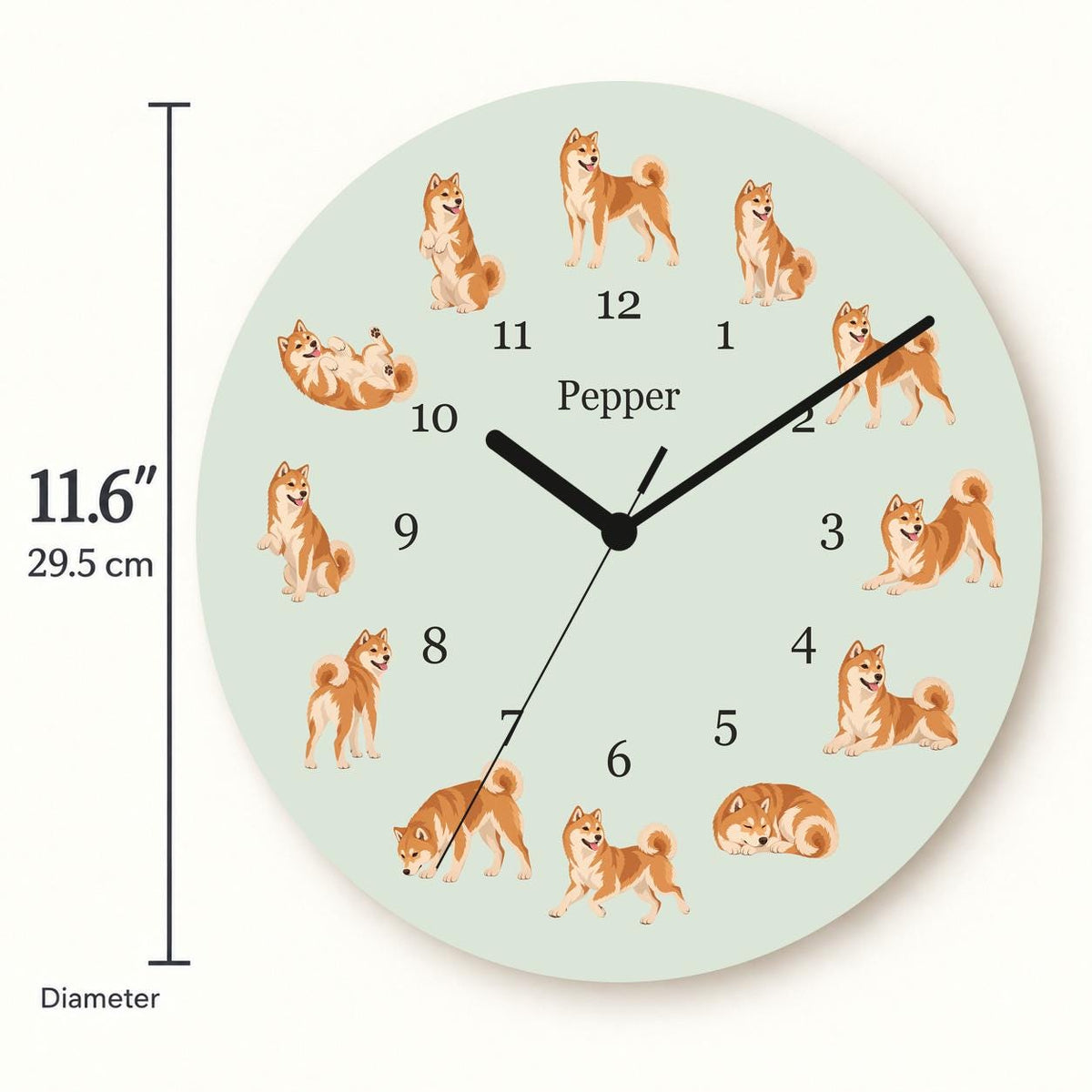 Personalized Shiba Inu wooden wall clock with example name Pepper; size