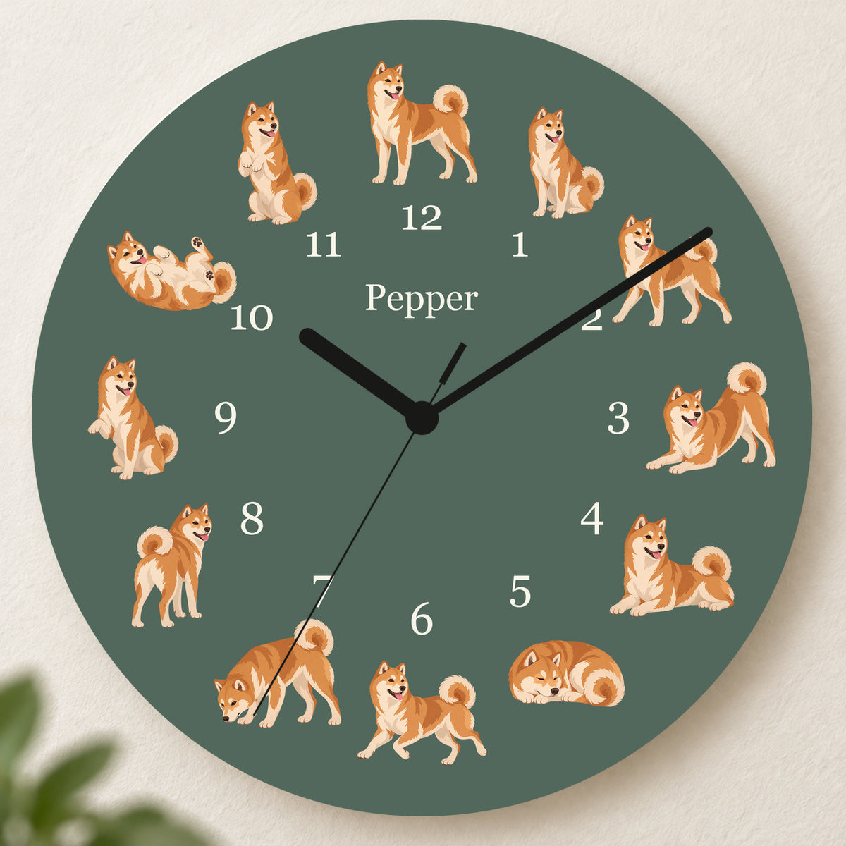 Personalized Shiba Inu Wall Clock, Custom Pet Name, 11.6 Inch Wooden Clock — Deep Sage background