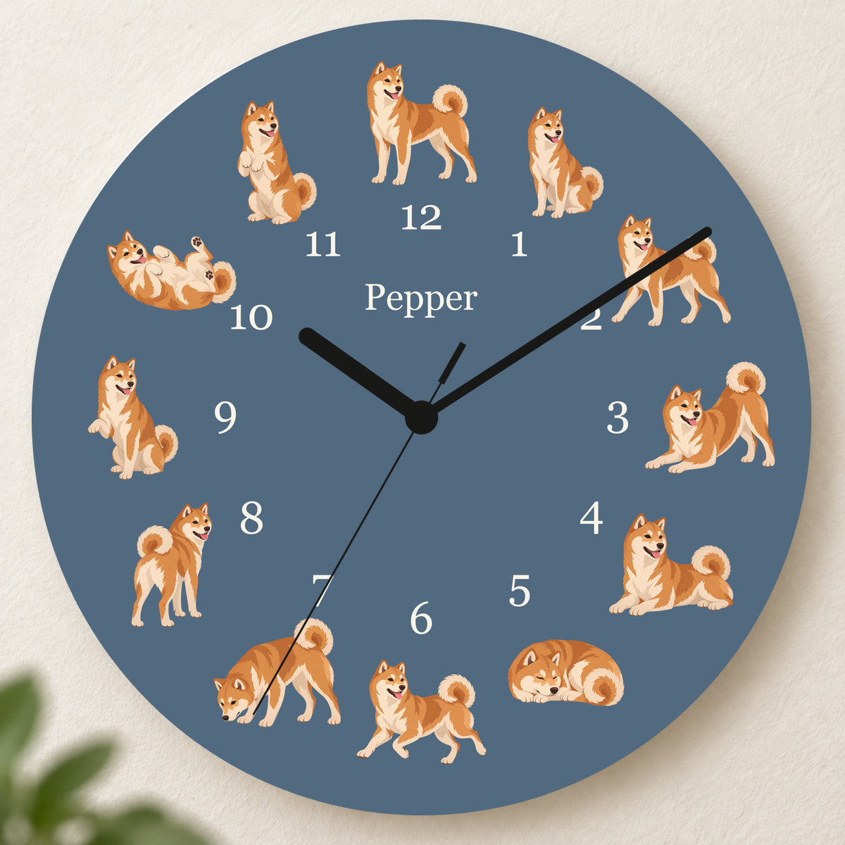 Personalized Shiba Inu Wall Clock, Custom Pet Name, 11.6 Inch Wooden Clock — Muted Denim background