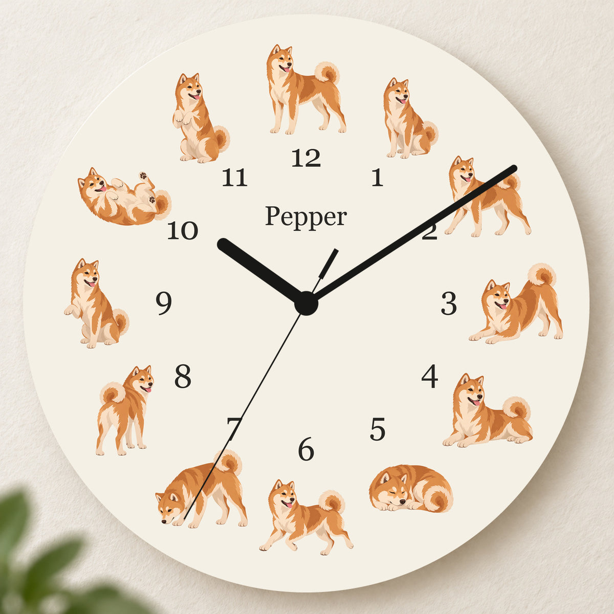 Personalized Shiba Inu Wall Clock, Custom Pet Name, 11.6 Inch Wooden Clock — Warm Ivory background