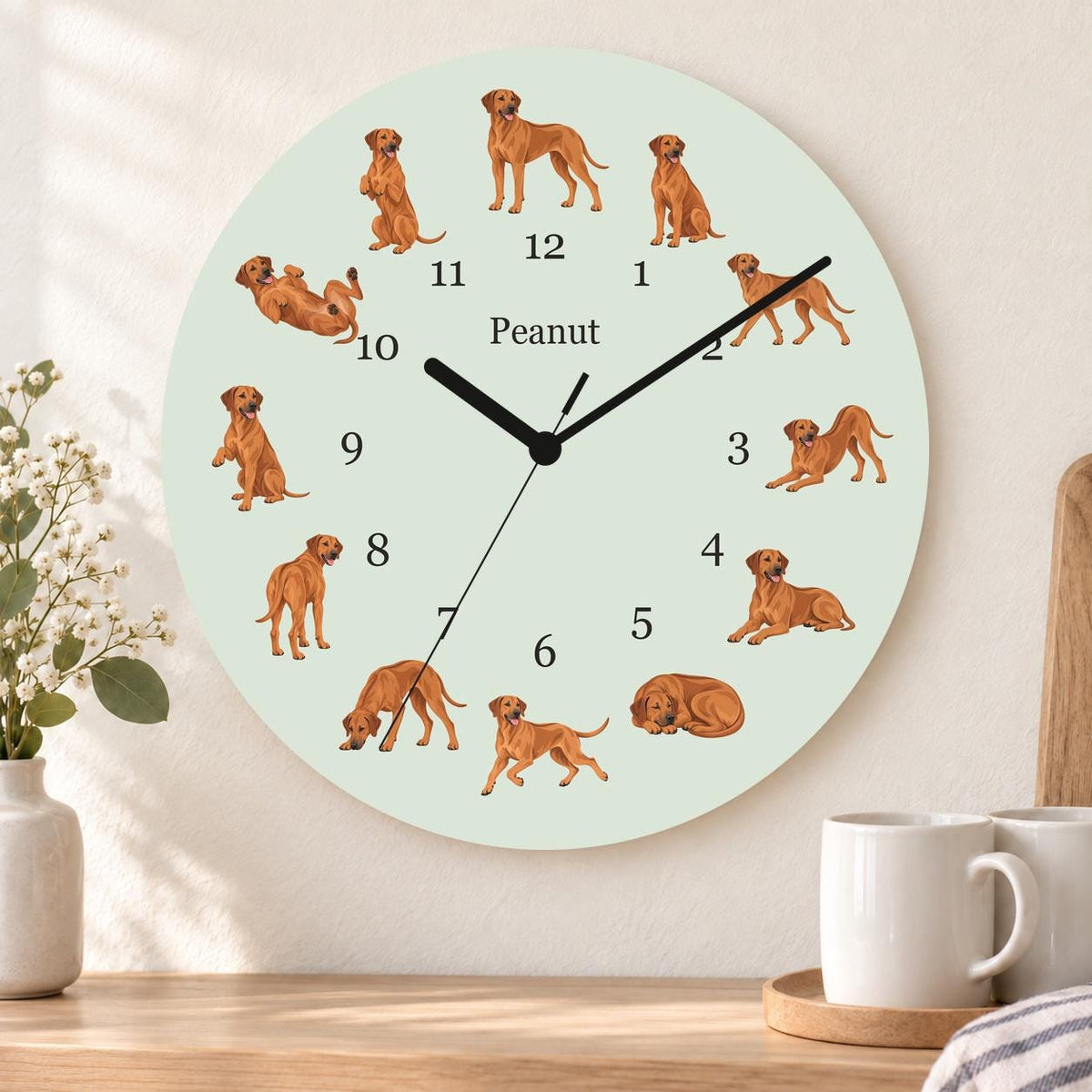 Personalized Rhodesian Ridgeback wooden wall clock with example name Peanut; kitchen