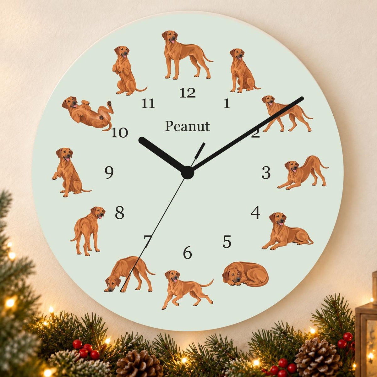 Personalized Rhodesian Ridgeback wooden wall clock with example name Peanut; holiday