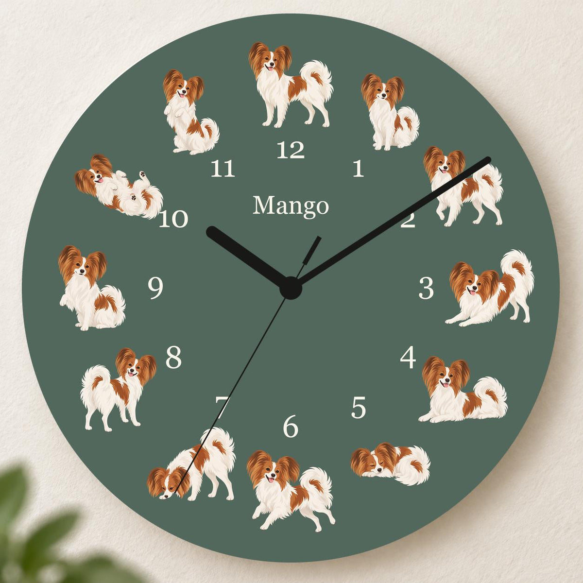 Personalized Papillon wooden wall clock with example name Mango; hero