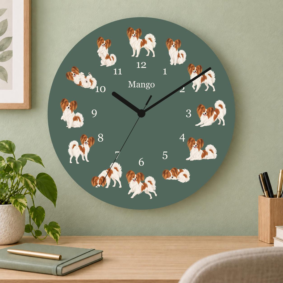Personalized Papillon wooden wall clock with example name Mango; home office