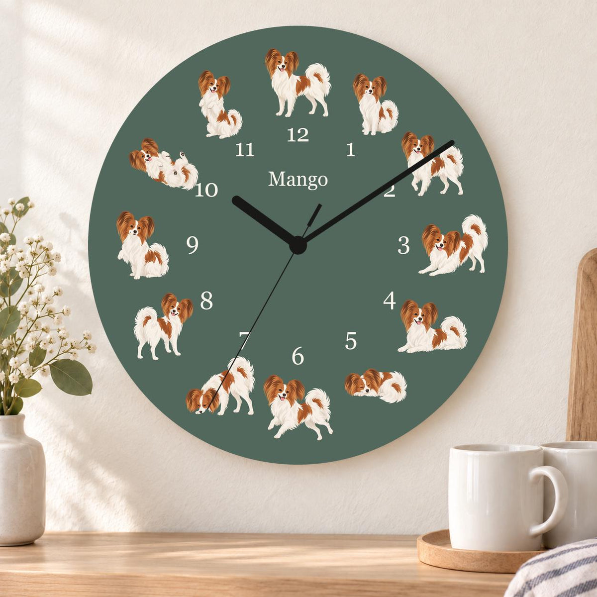 Personalized Papillon wooden wall clock with example name Mango; kitchen