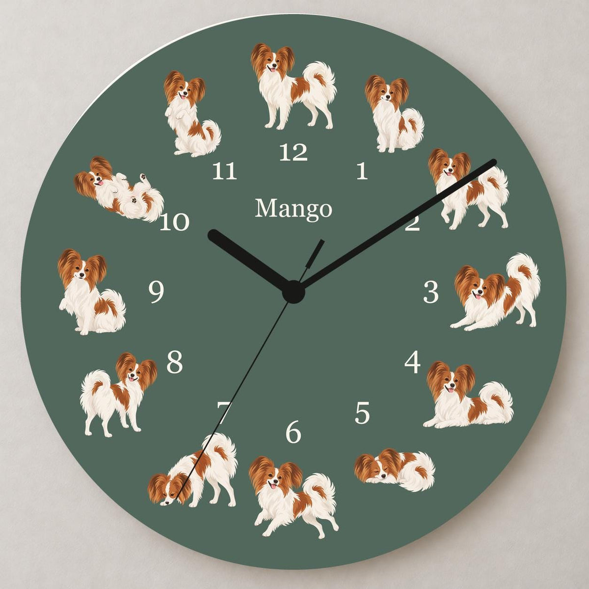 Personalized Papillon wooden wall clock with example name Mango; close up