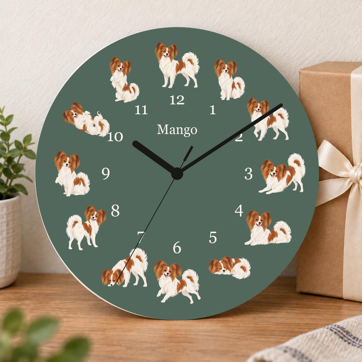 Personalized Papillon wooden wall clock with example name Mango; gift
