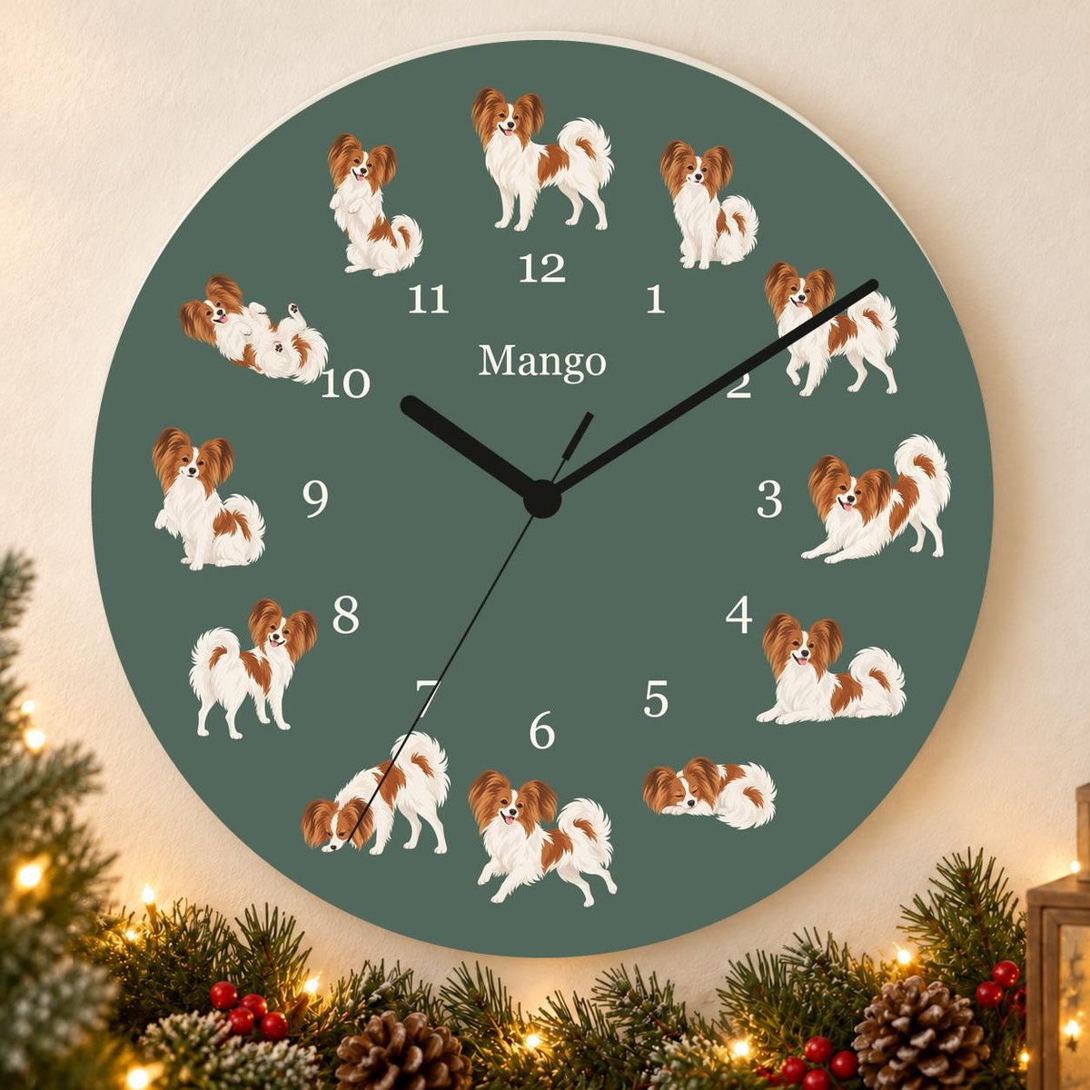 Personalized Papillon wooden wall clock with example name Mango; holiday