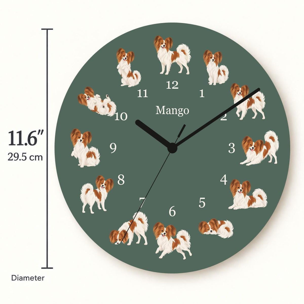 Personalized Papillon wooden wall clock with example name Mango; size