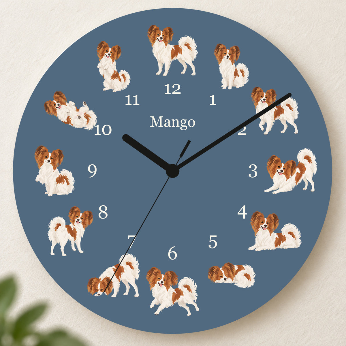 Personalized Papillon Wall Clock, Custom Pet Name, 11.6 Inch Wooden Clock — Muted Denim background