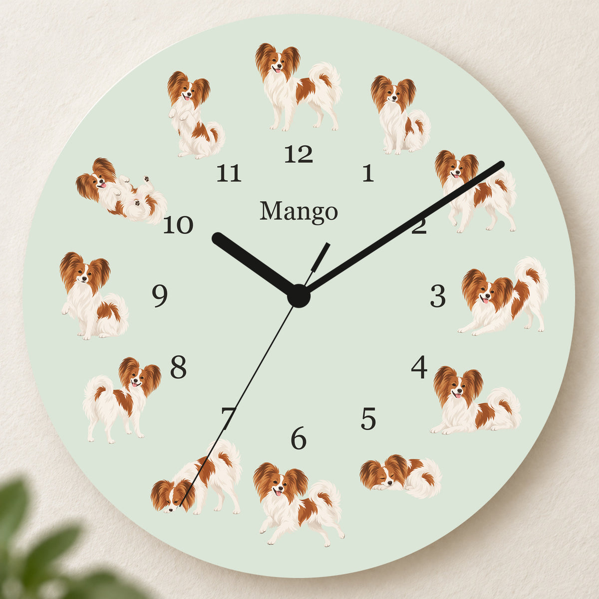 Personalized Papillon Wall Clock, Custom Pet Name, 11.6 Inch Wooden Clock — Pale Sage background