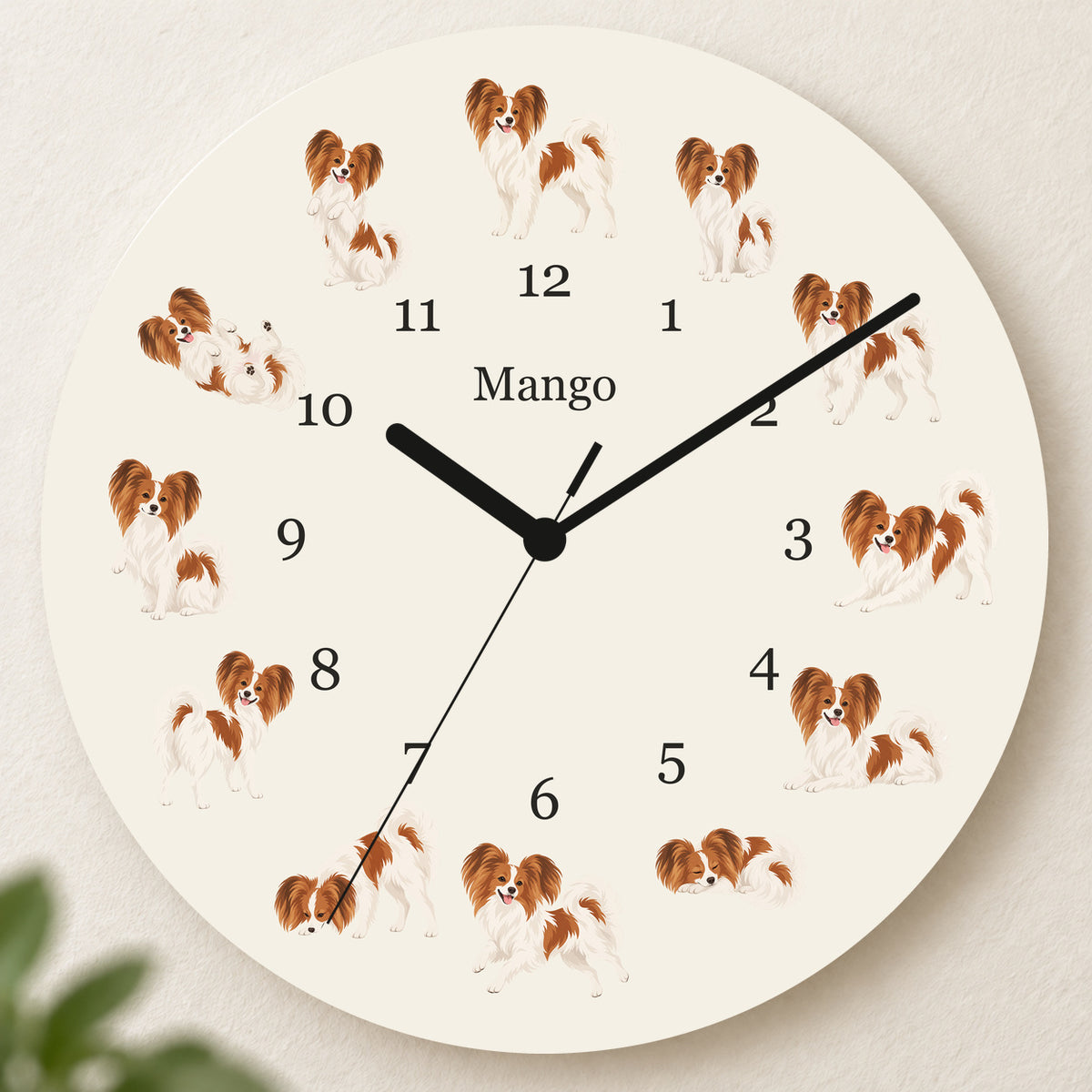 Personalized Papillon Wall Clock, Custom Pet Name, 11.6 Inch Wooden Clock — Warm Ivory background