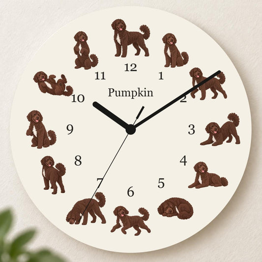 Personalized Portuguese Water Dog wooden wall clock with example name Pumpkin; hero