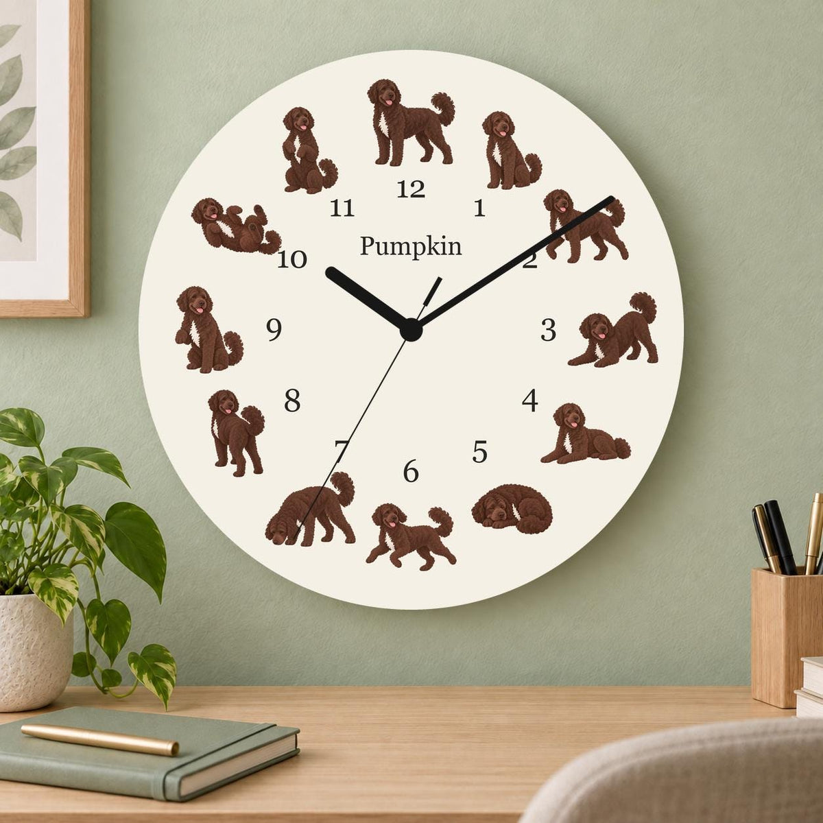 Personalized Portuguese Water Dog wooden wall clock with example name Pumpkin; home office
