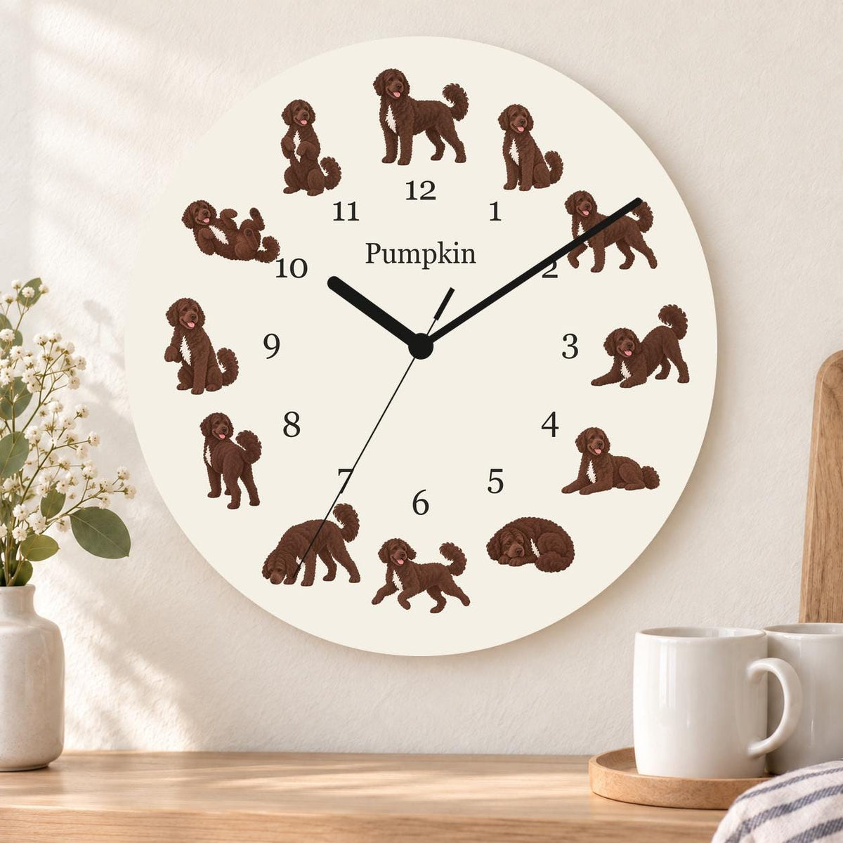 Personalized Portuguese Water Dog wooden wall clock with example name Pumpkin; kitchen