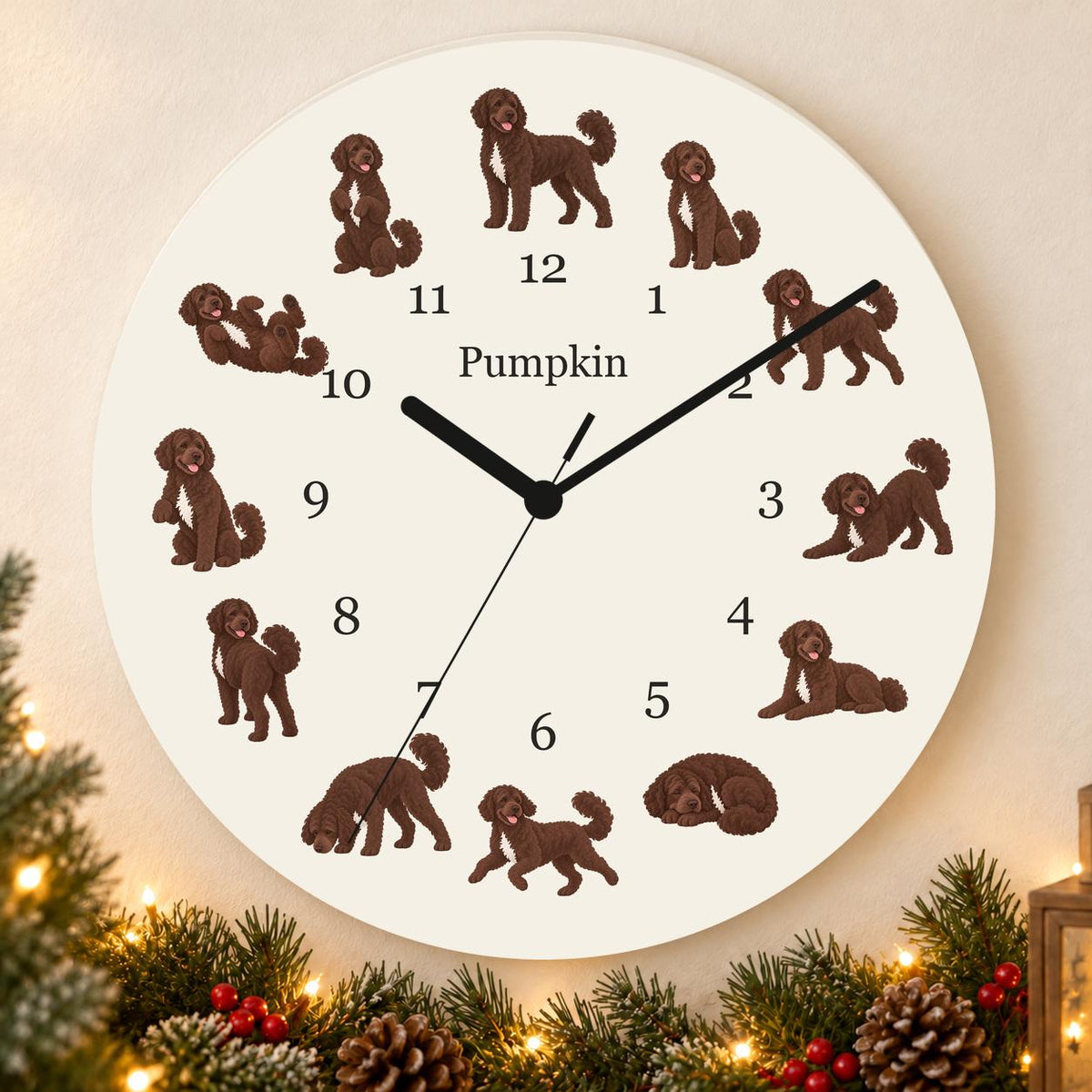 Personalized Portuguese Water Dog wooden wall clock with example name Pumpkin; holiday