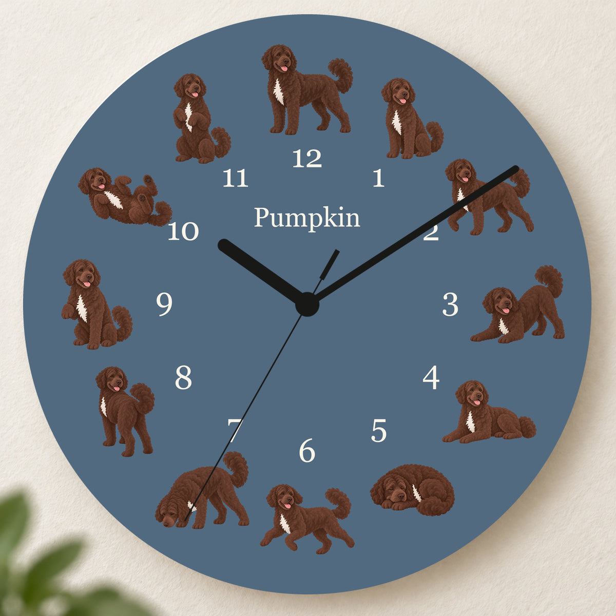 Personalized Portuguese Water Dog Wall Clock, Custom Pet Name, 11.6 Inch Wooden Clock — Muted Denim background